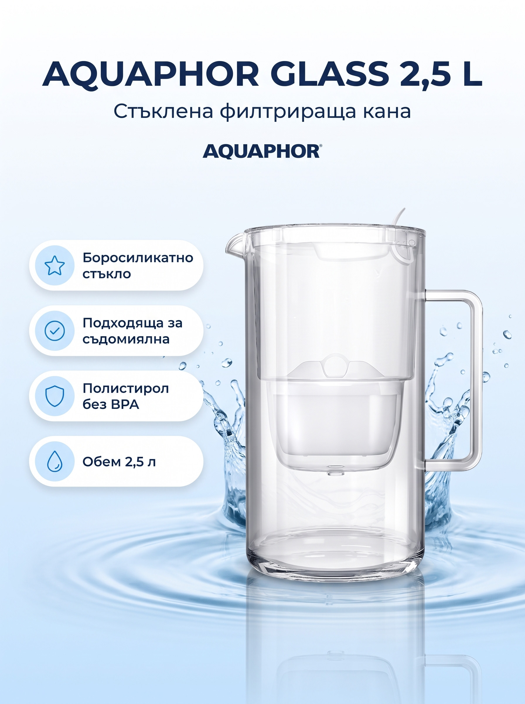 Aquaphor Стъклена филтрираща кана Гласс, 2.5л